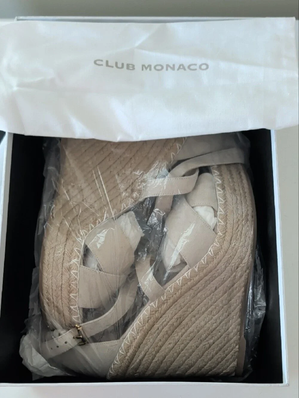 Club Monaco Neutral Suede Espadrille Wedges Size 8.5 NIB | Ankle Strap Sandals